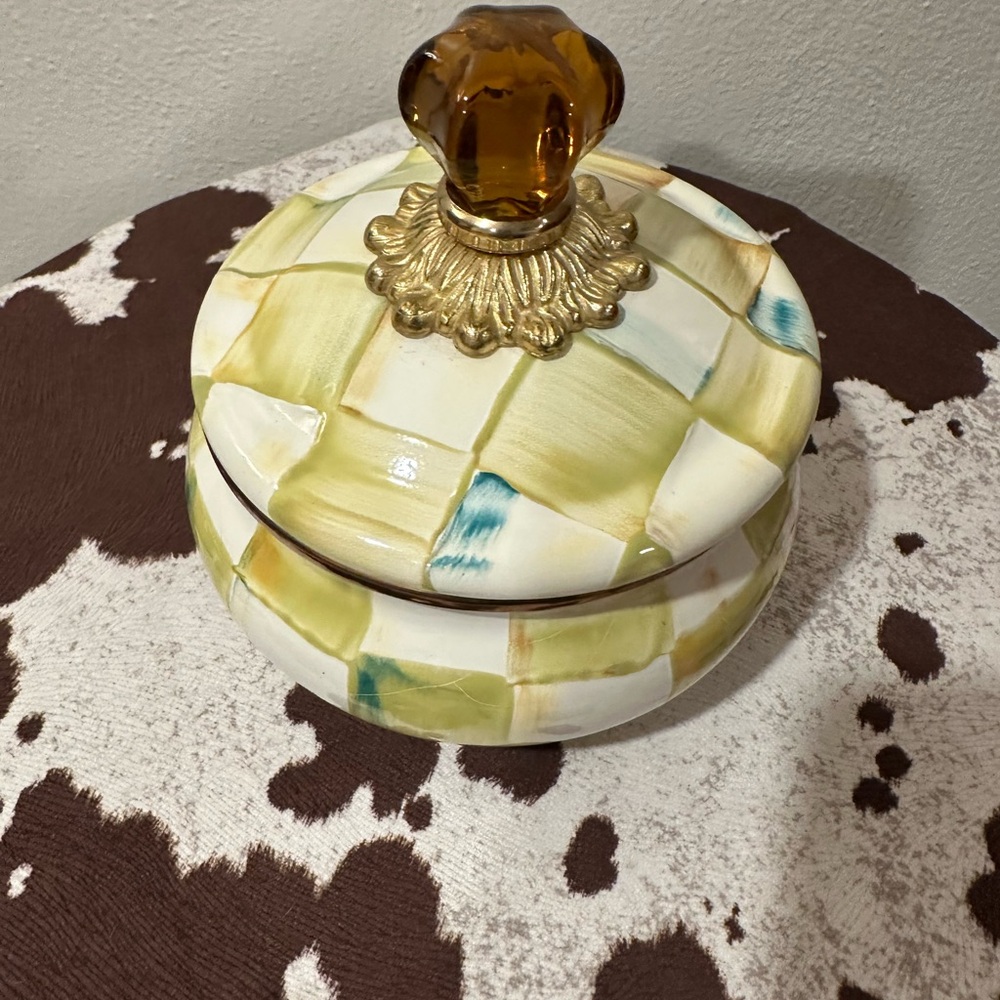 Mackenzie Childs Parchment Check Squash Pot with Amber Knob